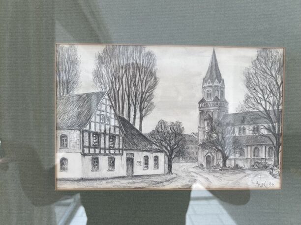 Wandbild Zeichnung Ratingen Lintorf, 42x34cm, Holzrahmen, neuwertig (Bild 2)