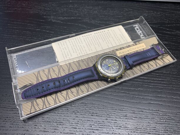 Swatch AquaChrono Atlanta 1996, blau/lila, gebraucht, Originalverpackung