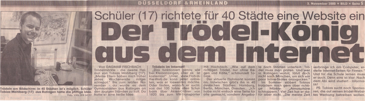 BILD-Artikel vom 3. November 2000: „Der Trödel-König aus dem Internet
